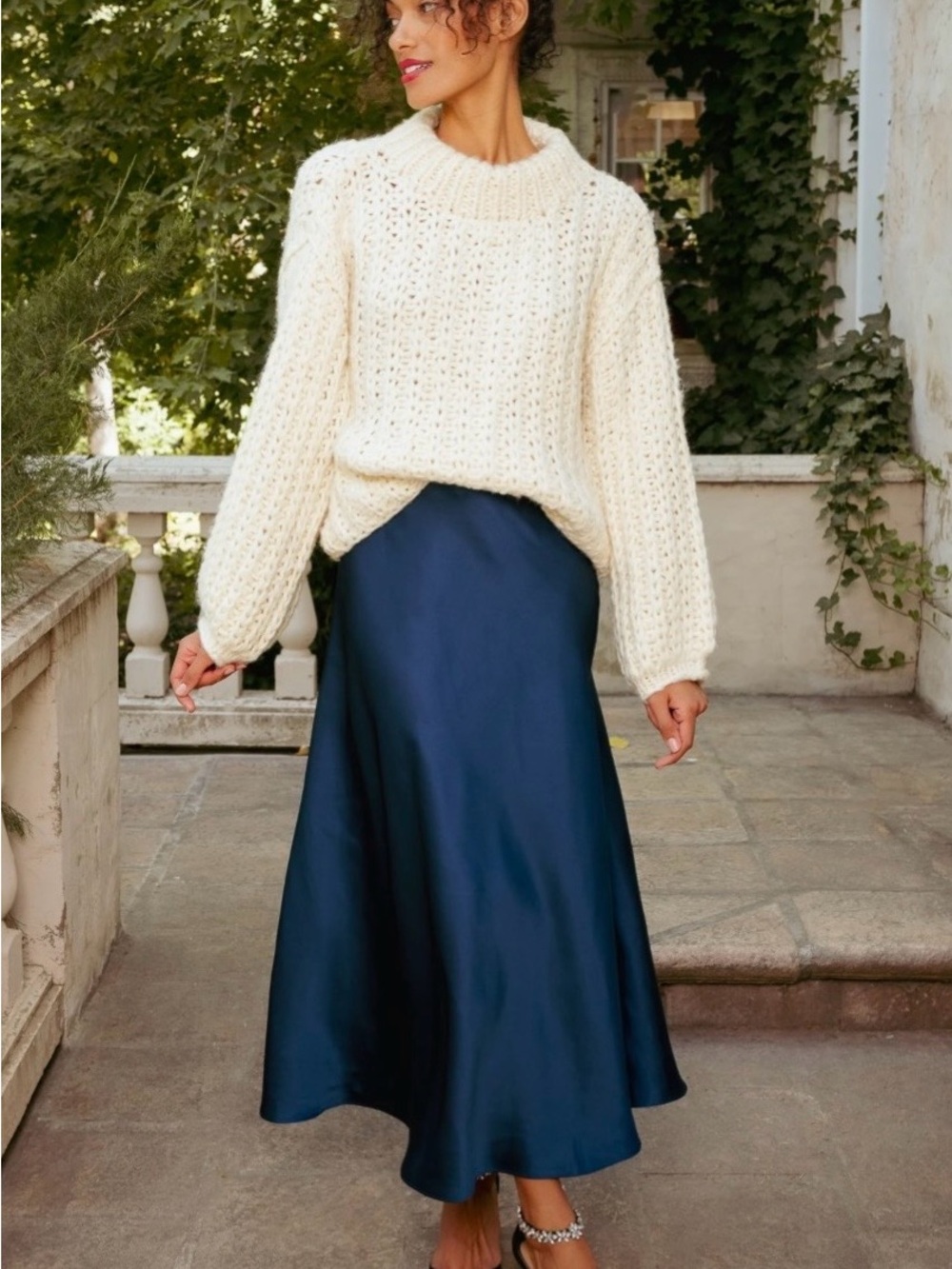 Ivy City Co Tiff Navy Satin A-Line Midi Skirt